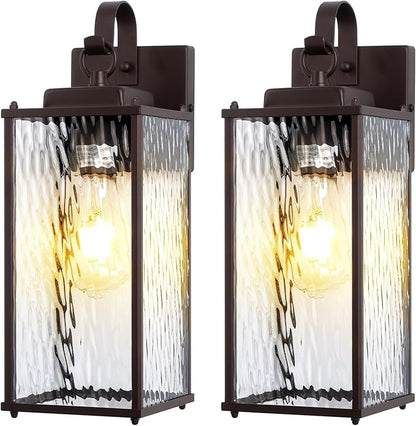 Oil Rubbed Bronze Outdoor Light Fixtures Water Ripple Glass 15” 2 Pack, Vintage Brown Exterior Lights for House IP65 Waterproof Outside Wall Sconce Lighting Coach Lights Patio Wall Lanterns