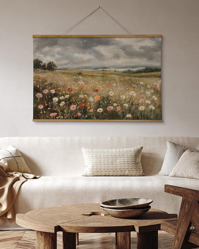 ARPEOTCY Extra Large Vintage Framed Wall Art, 36x54 Inch Colorful Wild Flowers Landscape Hanging Framed Wall Art Decor for Living Room Bedroom Office, Retro Rustic Home Decor Aesthetic