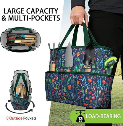 Daisy Flowers Garden Tool Bag - Waterproof Garden Tote with 8 Pockets, Large Storage Home Organizer Gardening Tool Oxford Bag for Garden Tools Kits Holder, Ideal Outdoor Gardening Gift for Women & Men