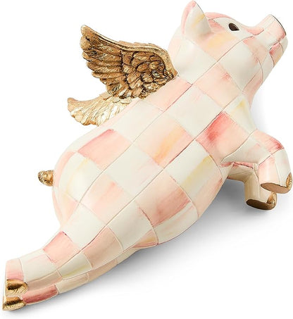 MACKENZIE-CHILDS Pot Climber, Decorative Indoor and Outdoor Planter Hanging Decor, Pink-and-White Rosy Check Flying Pig