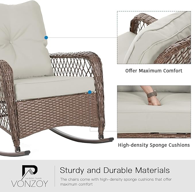 Patio Furniture Set 3 Pieces, Rocking Bistro Set with Thick Cushions, Brown Wicker Outdoor Rocker Chairs and Coffee Table for Porch, Backyard or Garden (Pale White)