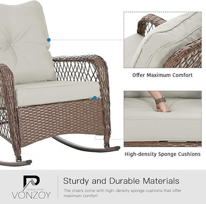 Patio Furniture Set 3 Pieces, Rocking Bistro Set with Thick Cushions, Brown Wicker Outdoor Rocker Chairs and Coffee Table for Porch, Backyard or Garden (Pale White)