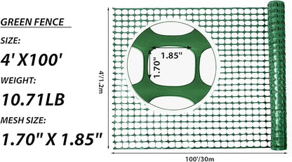 PotatoLife Plastic Mesh Fence Safety Fence, 4'x100' Roll with 100 Zip Ties, Resuable Temporary Netting for Garden Fencing, Construction, Snow Fencing, Animal Barrier, Poultry, Deer, Patio, Green