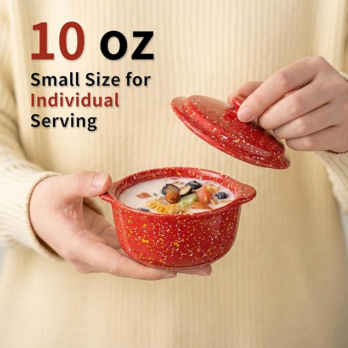 4-Pack 10 Oz Ceramic Mini Cocotte Set with Lids & Handles, Oven-Safe Stoneware Ramekins for Soufflé, Soup, Cobbler, Individual Baking & Serving,Red
