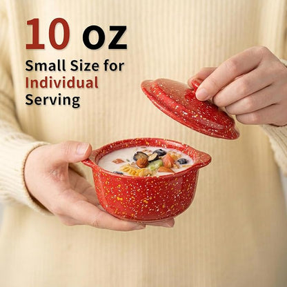 4-Pack 10 Oz Ceramic Mini Cocotte Set with Lids & Handles, Oven-Safe Stoneware Ramekins for Soufflé, Soup, Cobbler, Individual Baking & Serving,Red