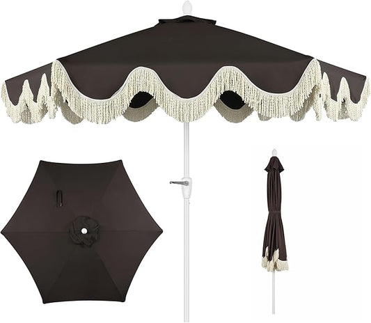 JONATHAN Y UMB1001 Collins 9 ft. Classic Cottage Tassel Market Patio Umbrella with Auto-Tilt, Crank, Wind Vent and UV Protection