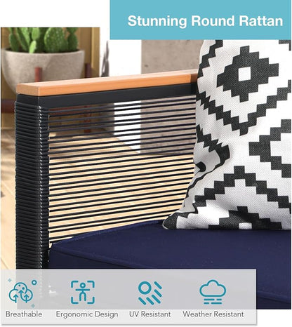Patiorama 4 Piece Patio Furniture Set, Outdoor Wicker Bistro Set, All-Weather Black PE Rattan Conversation Set w/Coffee Table, Loveseat, Wood-Like Armrest, Cushions for Garden Balcony Deck, Navy Blue