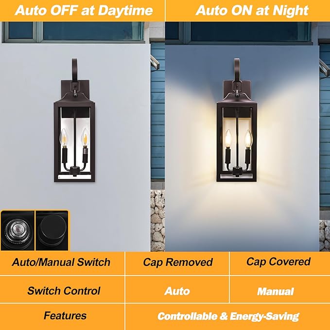 Oil Rubbed Bronze Dusk to Dawn Outdoor Wall Lighting, 19" Large Outside Modern Wall Sconce Lantern, Industrial Porch Light Wall Mount, Waterproof Farmhouse Exterior Lamp 2-Light Brown, 2 Pack