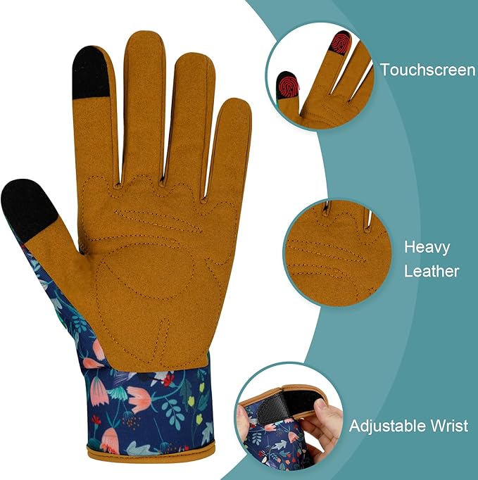 MERTURN Leather Gardening Gloves for Women Garden Gloves Thorn Proof Touch Screen Design Heavy Duty Yard Working Gloves for Planting, Digging Women Gardening Gift, M