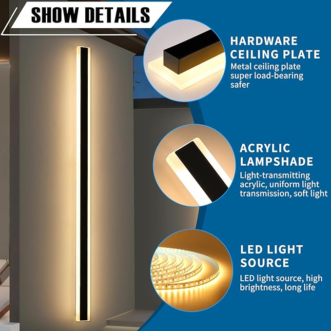 2 Pack Long Outdoor Wall Light, 71inch Modern LED Wall Sconce, 3 Color 3000K/4500K/6000K, 60W, IP65 Waterproof, Black Minimalist Exterior Lighting Fixture for Porch, Backyard, Garage, Balcony