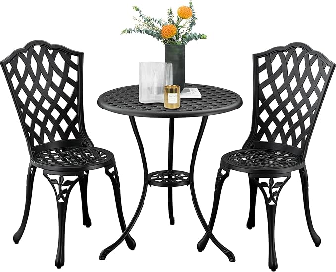 3-Piece Outdoor Bistro Set Cast Aluminum Patio bar Set with Umbrella Hole, Balcony, Backyard (Black, Grid)
