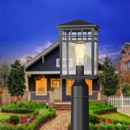 Outdoor Post Light Fixture, Modern Exterior Pillar Lantern with Black Finish & Seeded Glass, Pole Light for Garden, Backyard, Courtyard, Patio, Porch, RZ009-P BK