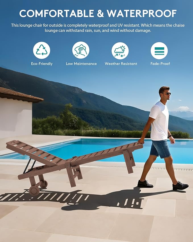 SERWALL Patio Chaise Lounge Set of 2, Outdoor Lounge Chair with 5 Positions Adjustable Backrest, HDPE Lounger with Rolling Wheels & Cup Holder for Poolside, Beach, Garden, Brown