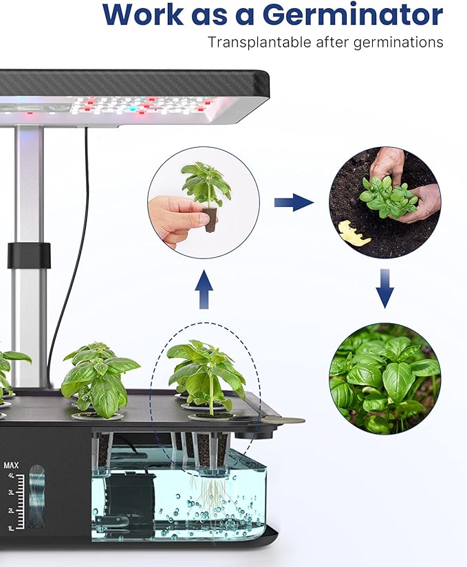 iDOO Hydroponics Growing System Kit 12Pods, Christmas Gifts for Women Mom, Herb Garden Indoor with LED Grow Light for Home, Built-in Fan, Auto-Timer, Adjustable Height Up to 11.3", 12Pods Kit-Black