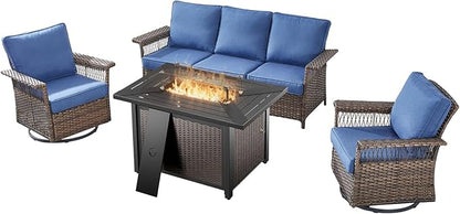 Patio Furniture Set with Fire Pit Table, 4PCS Patio Conversation Set Brown Resin Wicker Swivel Patio Chair and Sofa with 43in Rectangular Iron Fire Table PE Rattan Furniture Set