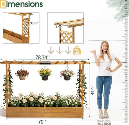 Outvita 45" Raised Garden Bed with Trellis, Wood Planter Box with Hanging Roof, Side Trellis and Drainage Holes, Above Ground Elevated Garden Bed for Outdoor Climbing Plants Vegetables(Teak Color)