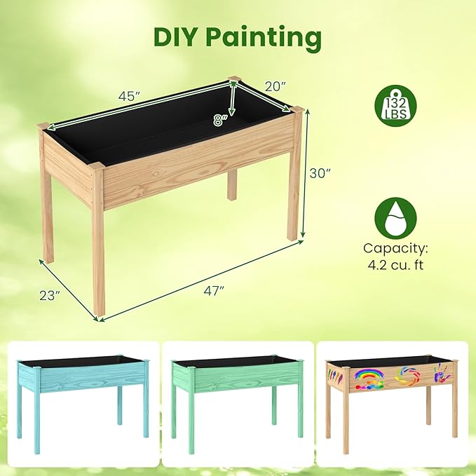 S AFSTAR Wooden Raised Garden Bed with Legs, Planter Box with Liner & Drainage Holes for Vegetable Flower Herb, Indoor Outdoor Elevated Gardening Box for Backyard Patio Balcony