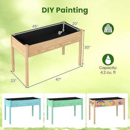 S AFSTAR Wooden Raised Garden Bed with Legs, Planter Box with Liner & Drainage Holes for Vegetable Flower Herb, Indoor Outdoor Elevated Gardening Box for Backyard Patio Balcony