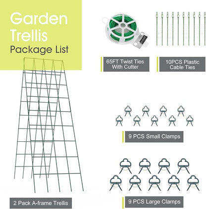 Cucumber Trellis for Raised Bed, Rifny 16.5 x 60 Inch Metal Trellis for Climbing Plants Outdoor with Plant Clips Twist Ties, Garden Plant A-Frame Trellis for Vegetable Pea Tomato (Green, 2 PCS)