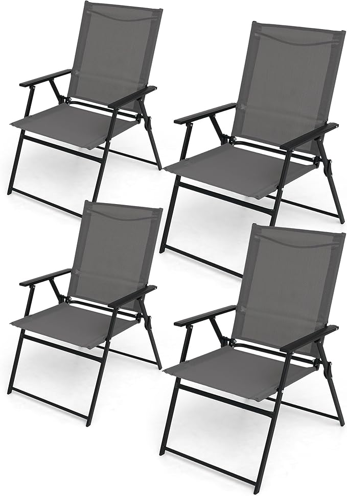 Patio Folding Chairs Set of 4, Outdoor Portable Dining Chair with Sling Back and Armrests for Lawn Camping Courtyard Balcony Garden Grey