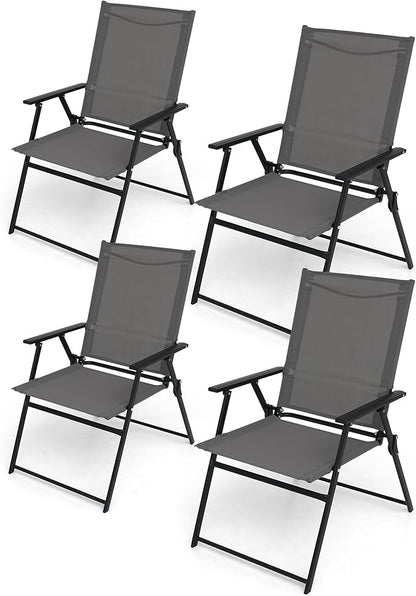 Patio Folding Chairs Set of 4, Outdoor Portable Dining Chair with Sling Back and Armrests for Lawn Camping Courtyard Balcony Garden Grey