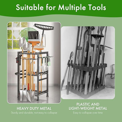 Garden Tool Organizer - 70-Hole Garage Storage Rack with Adjustable Feet & T-Handle Hooks, Broom/Mop Holder for Yard, Shed, Multi-Scene Use, No-Tool Assembly，Rack for Garage Organization Black