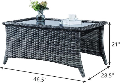Outdoor Patio Wicker Furniture Set - 6 Piece Rattan Patio Conversation Sectional Sofa Set with 1 Couch,2 Armchairs,2 Ottomans and 1 Glass Top Coffee Table for Porch Deck Garden(Mixed Grey/Grey)