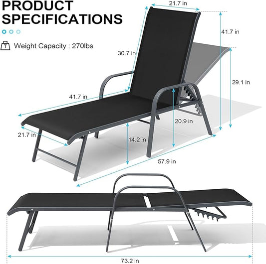 Crestlive Products Lounge Chair Outdoor with Armrests, Pool Lounge Chairs Set of 4, Aluminum Adjustable 5 Positions Tanning Chairs for Outside, Patio, Poolside, Yard, Deck, Backyard (Black)