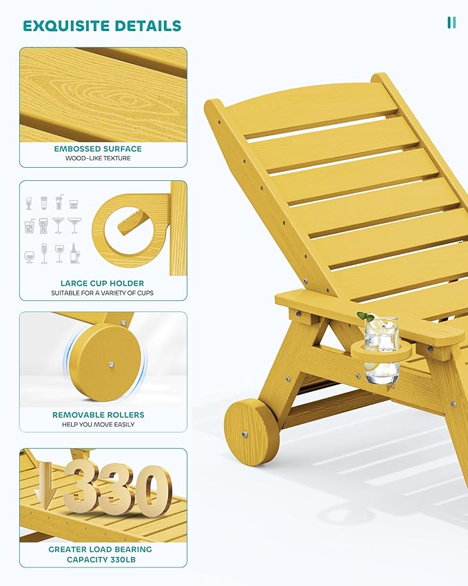SERWALL Patio Chaise Lounge Chair, 78'' Long HDPE 5 Positions Adjustable Outdoor Lounger, Poly Lounge Chair with Rolling Wheels & Cup Holder for Pool, Lemon Yellow