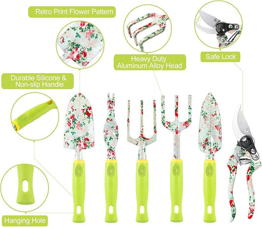 Gardening Tool Set - 13 PCS Heavy Duty Aluminum Gardening Tools Kit Floral Print Garden Tool Set with Non-Slip Rubber Handle & Durable Storage Tote Bag Gardening Supplies Gifts for Women Men