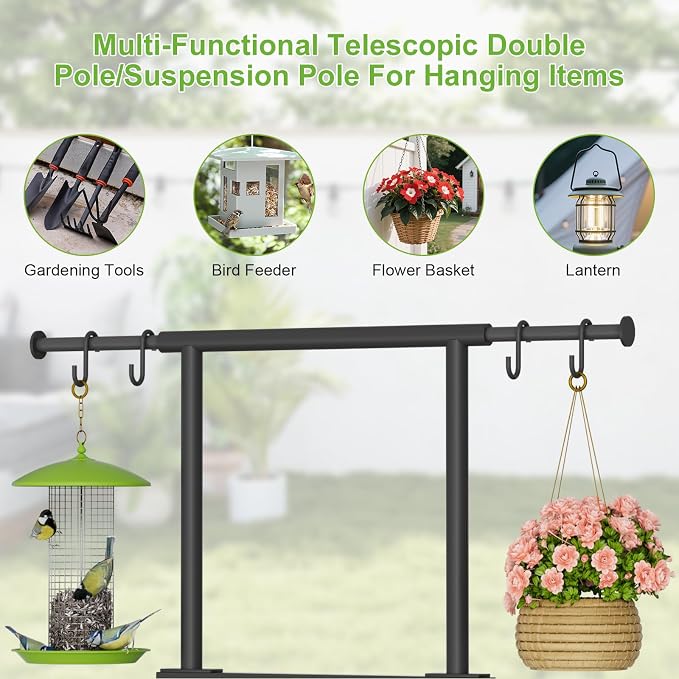 Garden Hose Holder with Telescopic Pole, Upgraded Heavy Duty Hose Stand Holds 150ft with 4 Spikes, Freestanding Metal Hose Storage and Hanger for Outside Yard Lawn Farm, Black