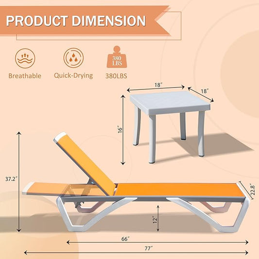 Domi Outdoor Chaise Lounge Chair, Aluminum Patio Lounge Chair with 5 Position Adjustable Backrest and Side Table, for Poolside, Beach, Yard(1 Orange Chair W/Table)