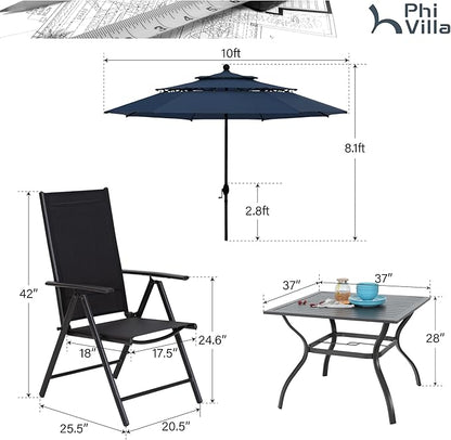 PHI VILLA 5 Piece Outdoor Dining Set with 10ft Umbrella (Navy Blue), Patio Table and Chairs for 4 with Lightweight Folding Dining Chairs & Metal Square Dining Table for Yard, Garden and Deck