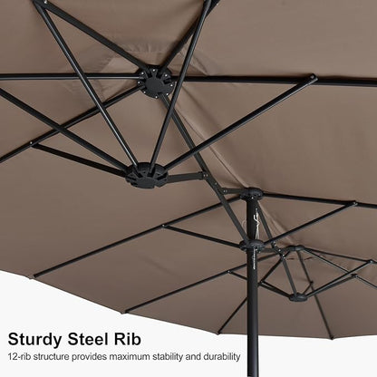 PURPLE LEAF 15ft Patio Market Umbrella with Base Double-Sided Rectangle Outdoor Table Sun Umbrellas with Crank 12 Heavy Duty Sturdy Ribs for Pool Beach Deck Backyard Taupe