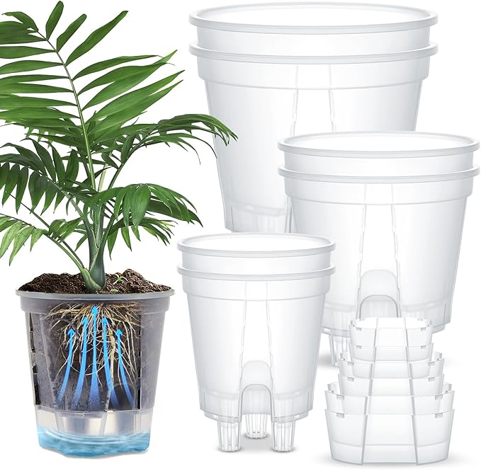 Wonderjune Self Watering Pots for Indoor Plants with Deep Reservoir and High Drainage Holes for Outdoor Plants and Flowers, Bare Root Planter(4.72'', 5.91'', 7.09'',Clear,6 Pcs)