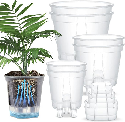 Wonderjune Self Watering Pots for Indoor Plants with Deep Reservoir and High Drainage Holes for Outdoor Plants and Flowers, Bare Root Planter(4.72'', 5.91'', 7.09'',Clear,6 Pcs)