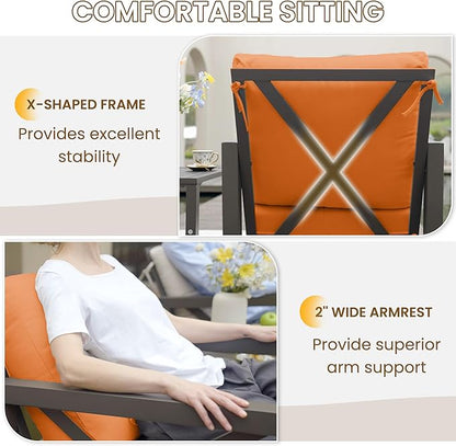 UDPATIO Rocking Chair Outdoor Set 2 with Coffee Table, 3 Piece Metal Rocking Bistro Set with 6.5" Water-Resistant Cushions, Oversized, 350lbs Heavy-Duty, for Porch, Patio, Balcony, Orange
