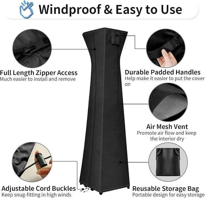 OutdoorLines Waterproof Outdoor Patio Heater Covers with Zipper and Storage Bag, Dust-proof UV-Resistant Windproof Propane Heavy Duty Heater Cover for Standing Heater, 1 Pack-90Hx23Lx23W inch Black