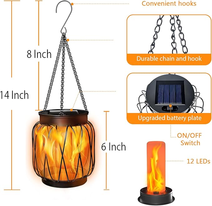 Solar Hanging Lantern Lights Outdoor Waterproof, 4 Pack Solar Flame Lantern with Hook, Metal Hanging Lanterns for Outside, Led Porch Lanterns for Patio Tree Camping Garden Decorative Lights