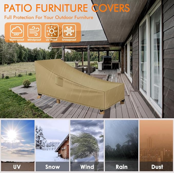 WLEAFJ Patio Chaise Lounge Cover Waterproof, Heavy Duty Outdoor Lounge Chair Covers, Durable Patio Furniture Covers, 78L x 34W x 32H inch，Khaki
