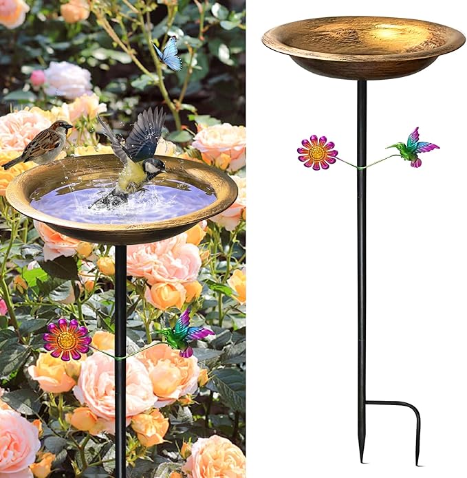 Bird Bath for Outdoors,Metal Freestanding Garden Bird Feeder with Decorative Hummingbird & Flower Accent,Vintage Antique Bronze Bowl for Yard,Lawn & Patio Decor(31.5 Inch H-Stake)