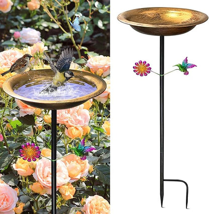Bird Bath for Outdoors,Metal Freestanding Garden Bird Feeder with Decorative Hummingbird & Flower Accent,Vintage Antique Bronze Bowl for Yard,Lawn & Patio Decor(31.5 Inch H-Stake)