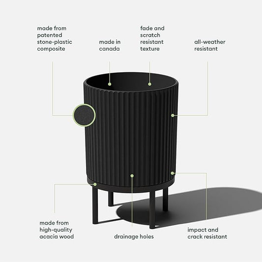 Veradek Demi Series Round Planter w/Stand for Porch/Patio | Durable Plastic-Stone Composite & Wooden Stand | Modern Décor for Tall Plants, Flowers