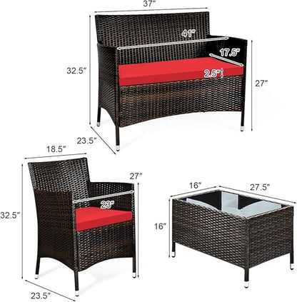 HAPPYGRILL 4PCS Patio Furniture Set Outdoor Rattan Wicker Conversation Set with Cushioned Sofa and Coffee Table for Porch Backyard Garden Poolside
