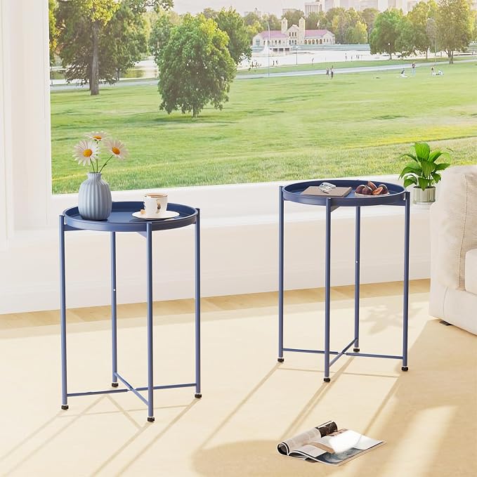 Garden 4 you Small Side Table, Blue Mini Round End Table, Tray Table with Metal Frame, Modern Nightstand for Living Room, Bedroom, Patio, Small Space, 2pcs