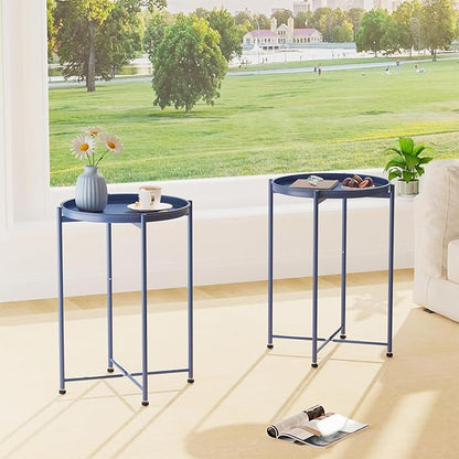 Garden 4 you Small Side Table, Blue Mini Round End Table, Tray Table with Metal Frame, Modern Nightstand for Living Room, Bedroom, Patio, Small Space, 1pcs