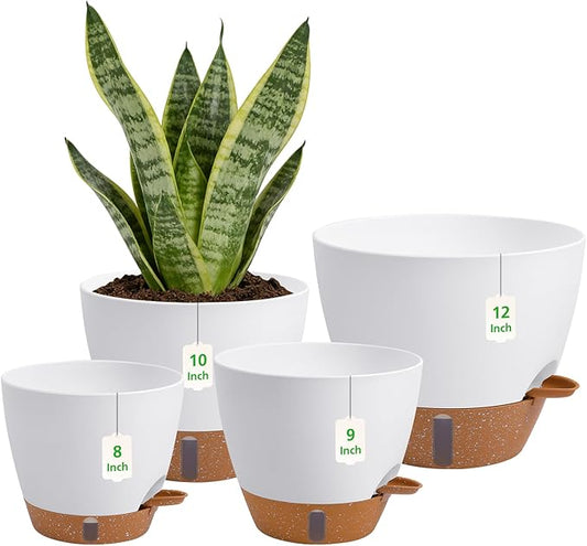 Self Watering Planters Set with Water Level Indicator, 12" 10" 9" 8" Large Plastic Flower Pots with Mesh Drainage Hole and Removable Saucer Reservoir for Indoor Outdoor Plants (White)