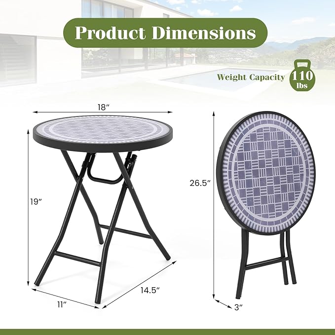 Giantex Folding Outdoor Side Table with Tempered Glass Tabletop & Metal Frame, Portable 18” Round End Table for Patio, Sofa Side, Yard, Porch, Poolside Living Room, Grey