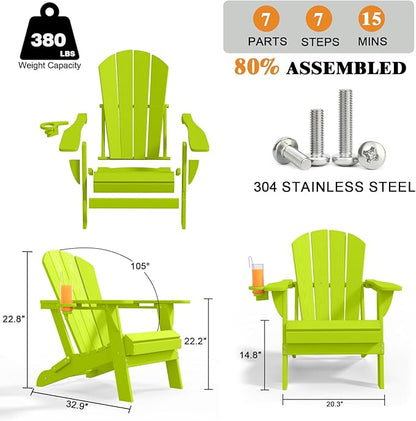 Folding Adirondack Chairs with Cup Holders, Set of 4 HDPE Plastic Outdoor Chairs, Weather Resistant, Real Wood Look, Heavy-Duty Patio Furniture for Deck, Fire Pit, Backyard, Apple Green