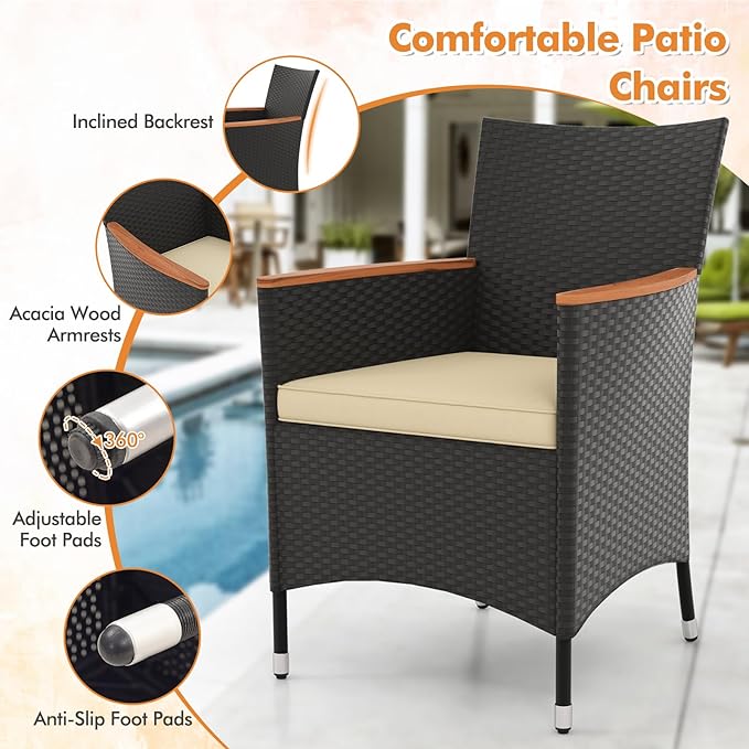 Tangkula 5 Pieces Patio Dining Table Set for 4, Rattan Conversation Set with Umbrella Hole, Seat Cushions & Acacia Wood Tabletop, Outdoor Dining Table with 4 Chairs for Backyard, Poolside & Deck